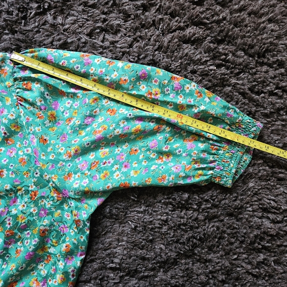 Mayeelok 100% Silk blouse shirts green floral flower size large 3/4 puffy elasti - Picture 11 of 12